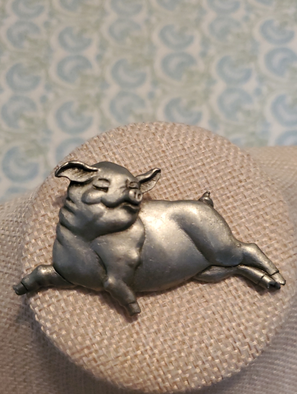 JJ Jonette Vintage Signed Lounging Pig Brooch Pin Brushed Pewter